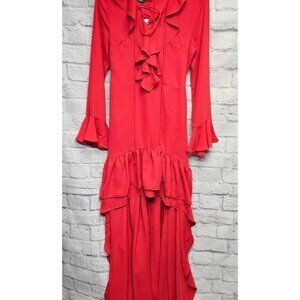 NWT BEBE 4 TRUE RED HIGH LOW RUFFLE ZIP BACK LACE UP L/S MAXI GOWN DRESS